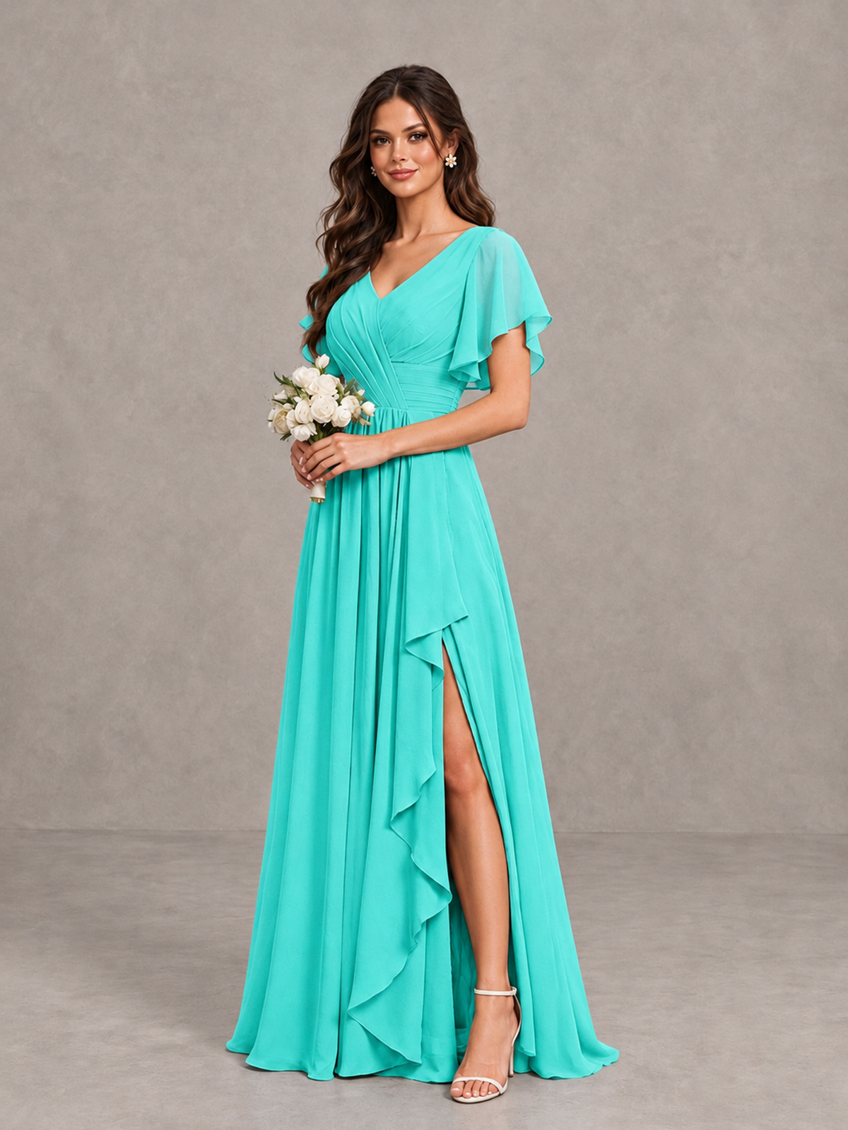 BOLODOO Turquoise Flutter Sleeve V-Neck Bridesmaid Dress with Ruffle Slit - Turquoise - Turquoise_3