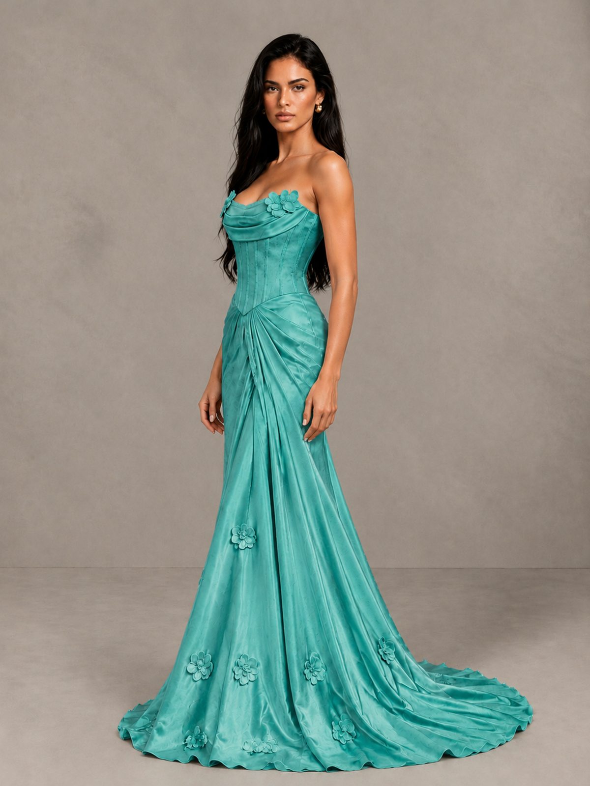BOLODOO Turquoise Strapless Floral Corset Evening Gown with Train - Turquoise - Turquoise_3