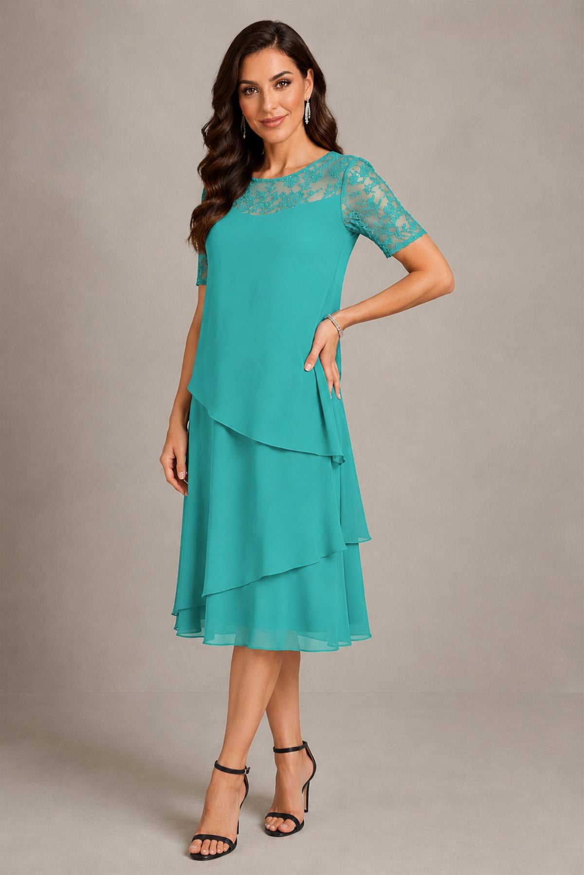 BOLODOO Turquoise Illusion Lace Short Sleeve Tiered Chiffon Tea Length Dress | Mother of the Bride Midi Dress - Turquoise
