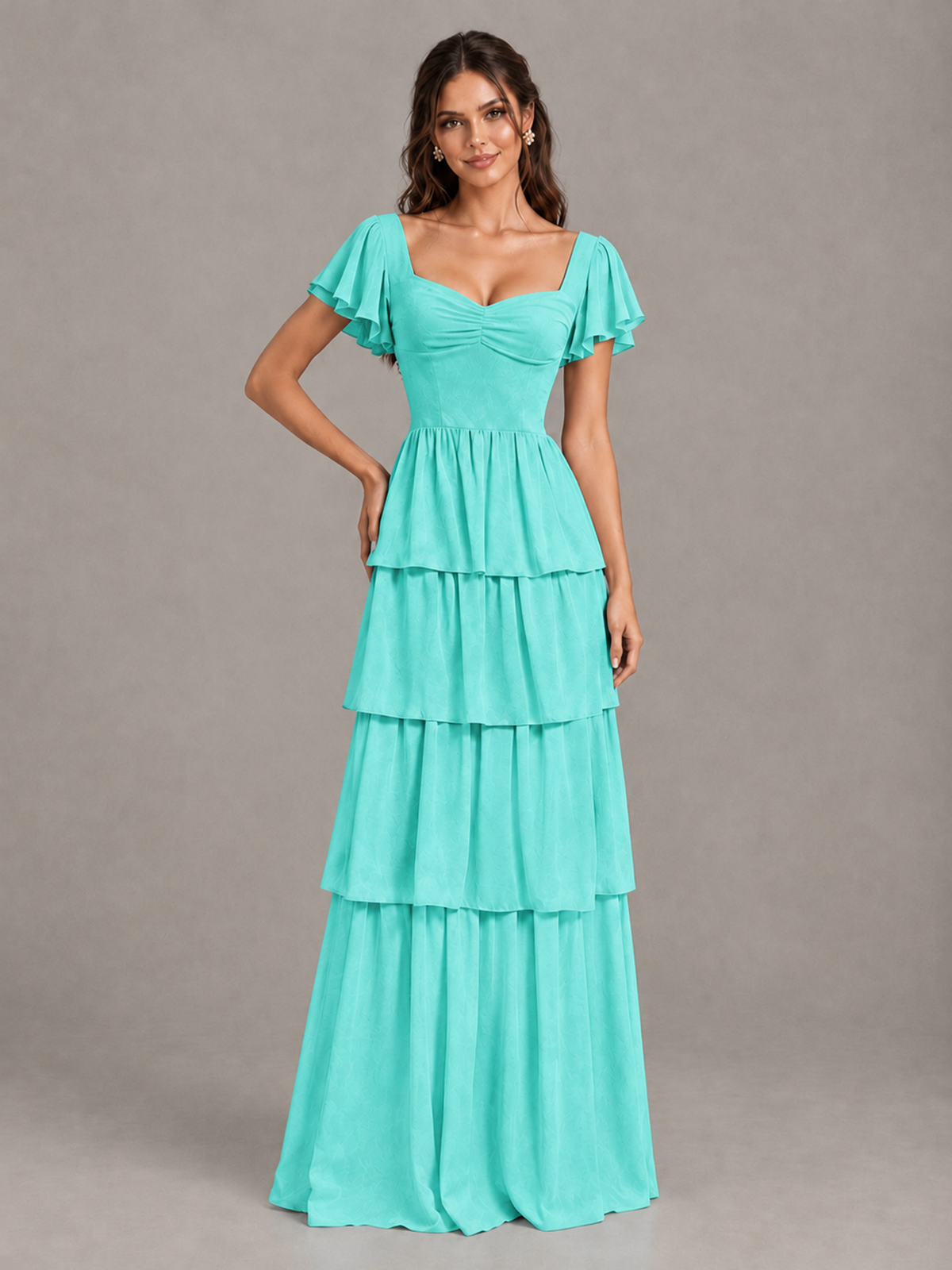 BOLODOO Turquoise Flutter Sleeve Tiered Maxi Bridesmaid Dress - Turquoise - Turquoise_4
