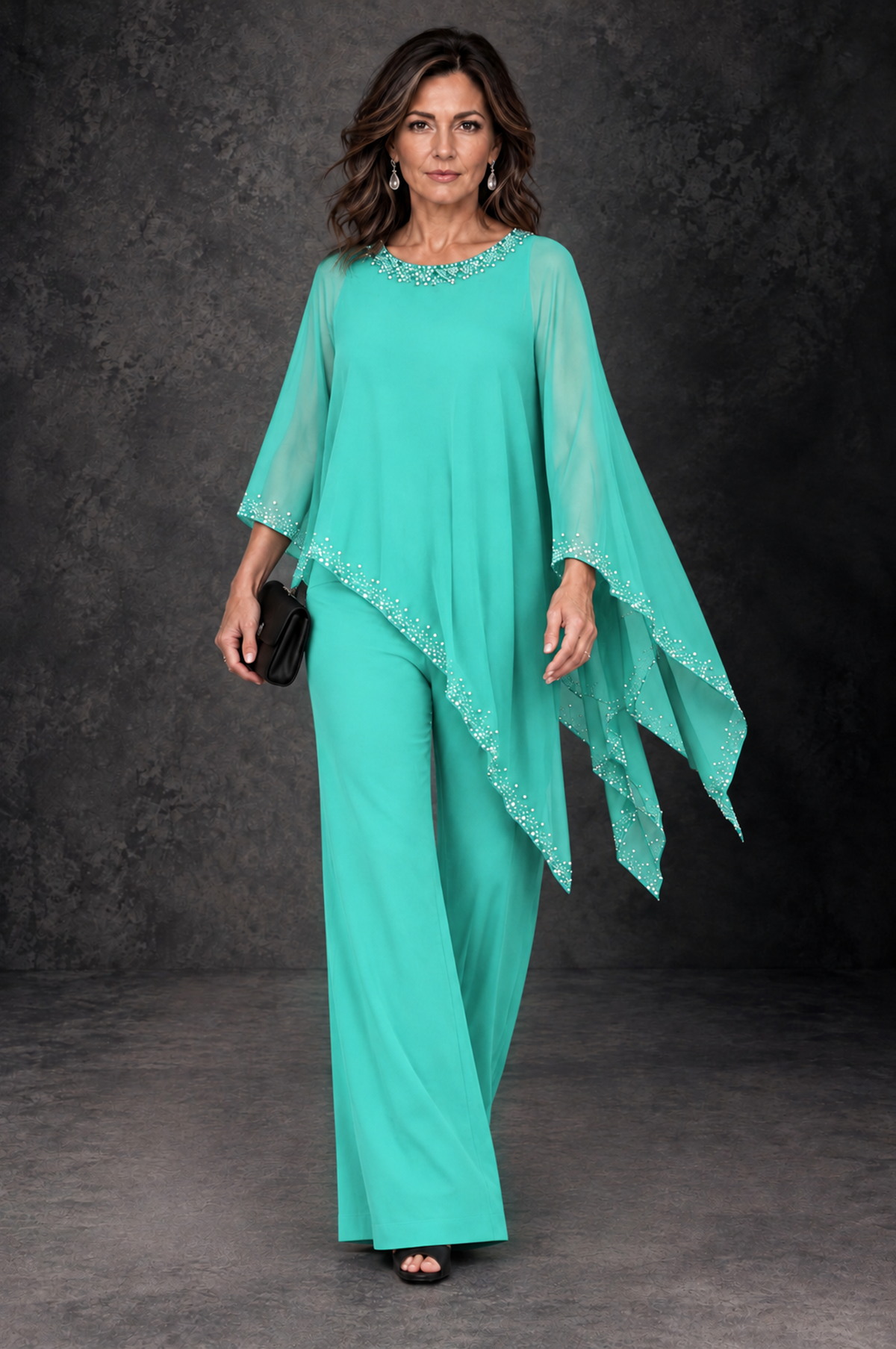 BOLODOO Turquoise Embellished Cape Mother of the Bride Pantsuit - Turquoise - Turquoise_4