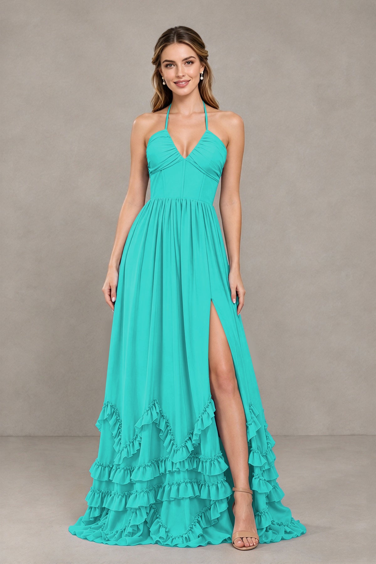 BOLODOO Turquoise Halter Ruffle Hem A-Line Bridesmaid Dress with High Slit - Turquoise - Turquoise(4)