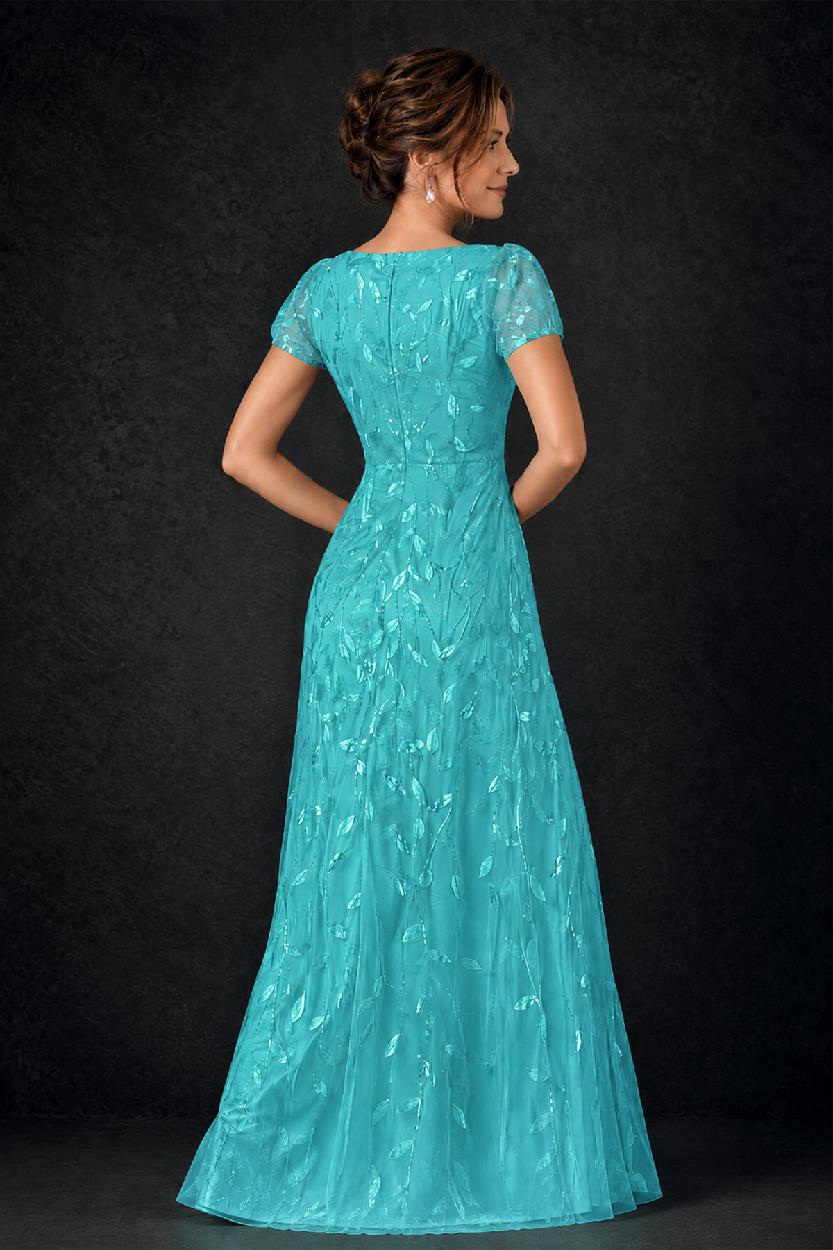BOLODOO Turquoise Leaf Embroidered A-Line Formal Gown with Cap Sleeves - Turquoise - Turquoise_4
