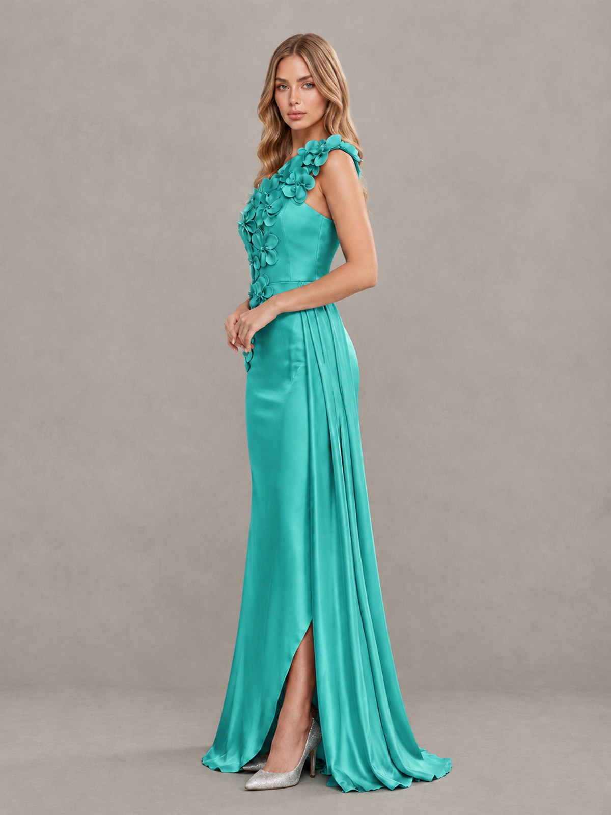 BOLODOO Turquoise One-Shoulder Satin Mermaid Evening Gown with 3D Floral Appliqué - Turquoise - Turquoise_4