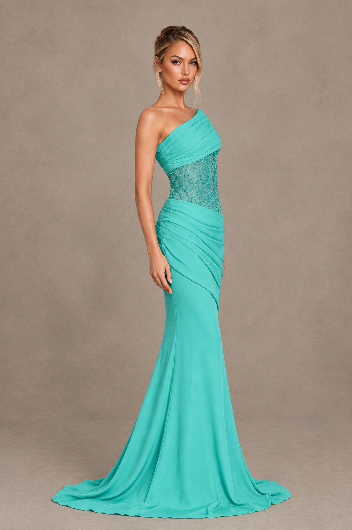 BOLODOO Turquoise One-Shoulder Sequin Embroidered Ruched Mermaid Gown with Train - Turquoise - Turquoise_4