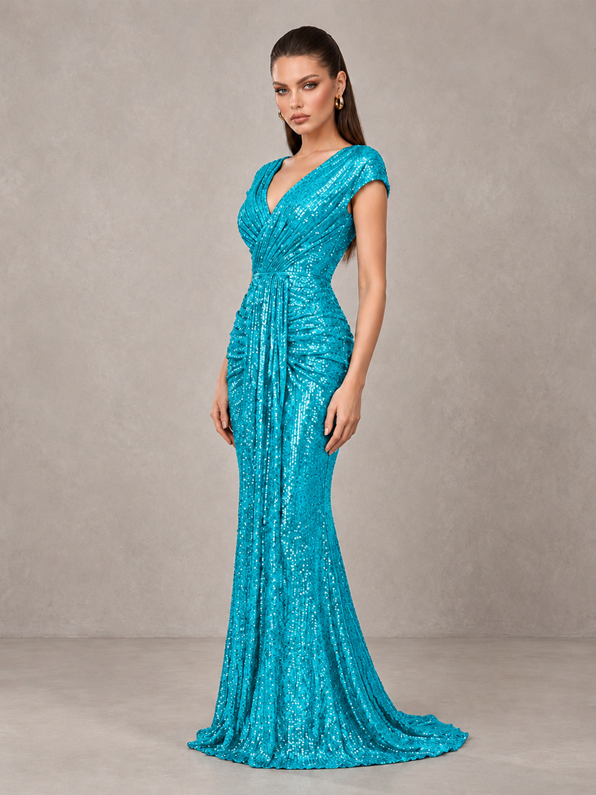BOLODOO Turquoise Glitter V-Neck Cap Sleeve Ruched Mermaid Evening Gown - Turquoise - Turquoise_4