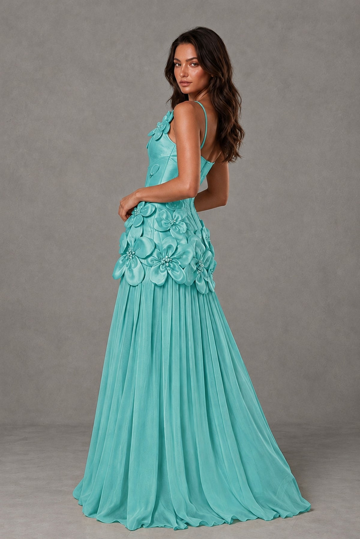 BOLODOO Turquoise 3D Floral Appliqué Floor-Length A-Line Evening Gown - Turquoise