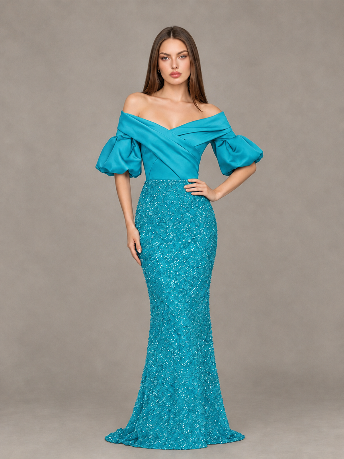 BOLODOO Turquoise Off-Shoulder Puff Sleeve Sequin Mermaid Evening Dress - Turquoise - Turquoise_4
