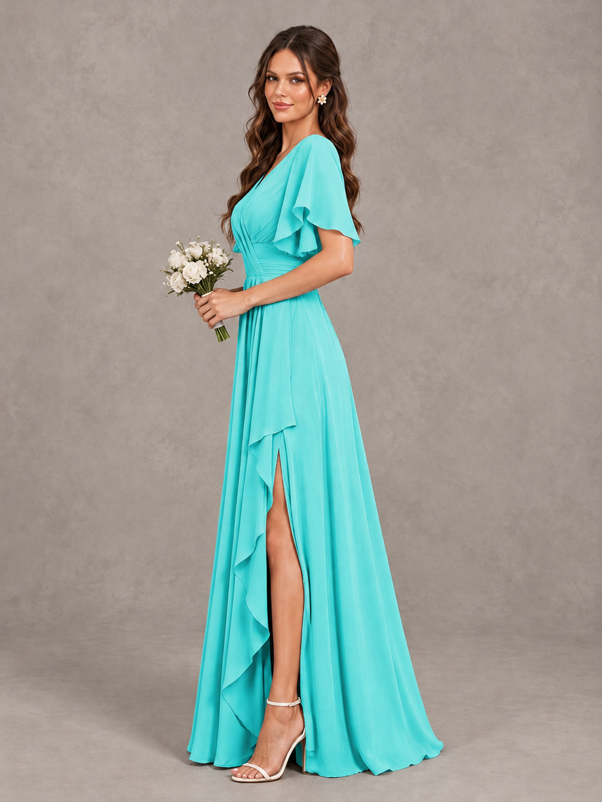 BOLODOO Turquoise Flutter Sleeve V-Neck Bridesmaid Dress with Ruffle Slit - Turquoise - Turquoise_4