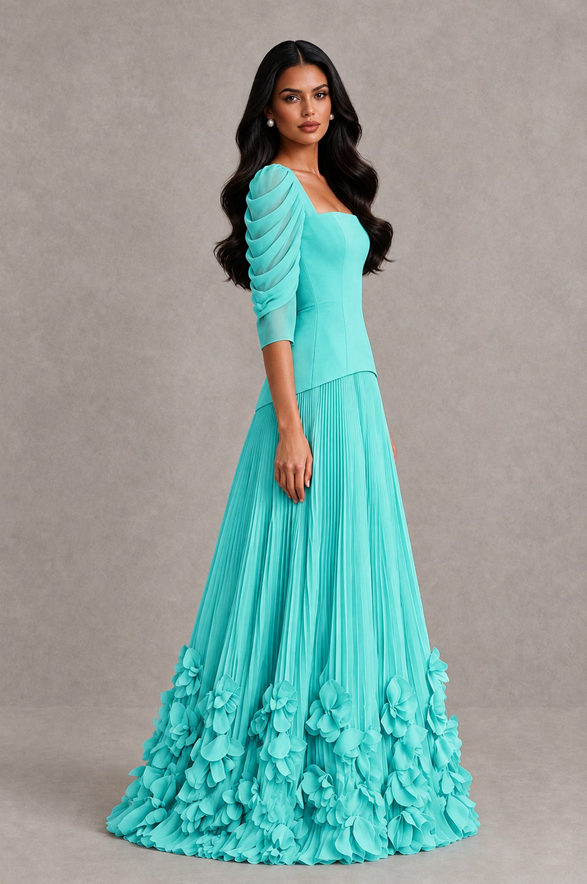BOLODOO Turquoise Square Neck Pleated Floral Applique Evening Dress - Turquoise - Turquoise_4