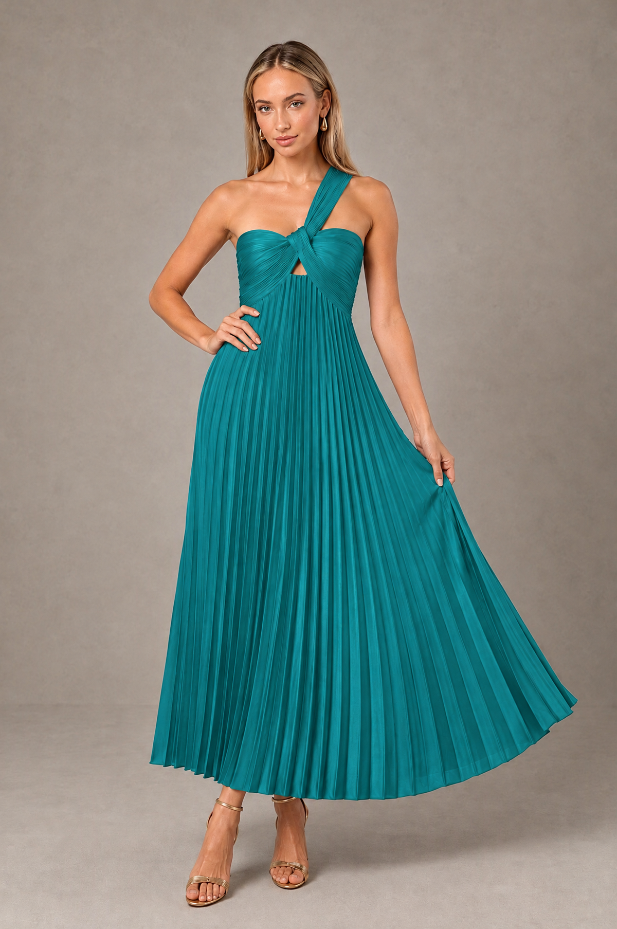 BOLODOO Turquoise One-Shoulder Twist Knot Pleated Satin Midi Dress with Cutout - Turquoise - Turquoise_4