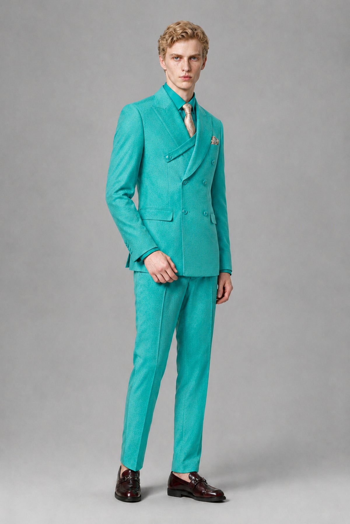BOLODOO Men's Turquoise Double-Breasted Two-Piece Suit – Jacket & Trousers - Turquoise