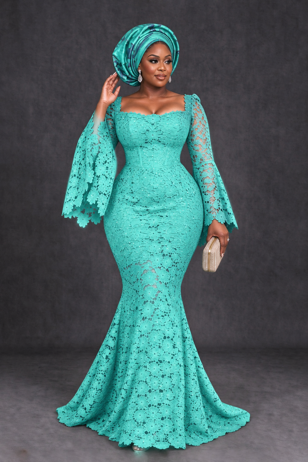 BOLODOO Turquoise African Lace Mermaid Dress, Plus Size Nigerian Wedding Guest Gown with Bell Sleeves - Turquoise - Turquoise_4