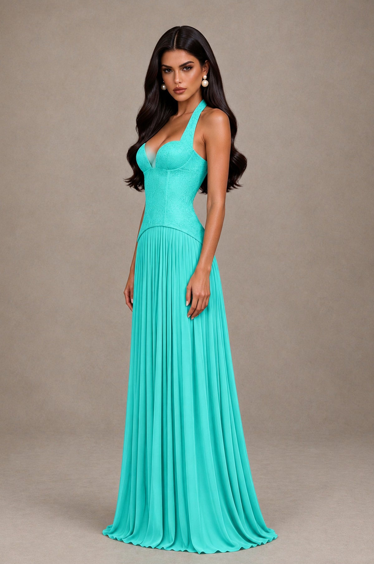 BOLODOO Turquoise Halter Corset Pleated A-Line Evening Dress - Turquoise - Turquoise_4