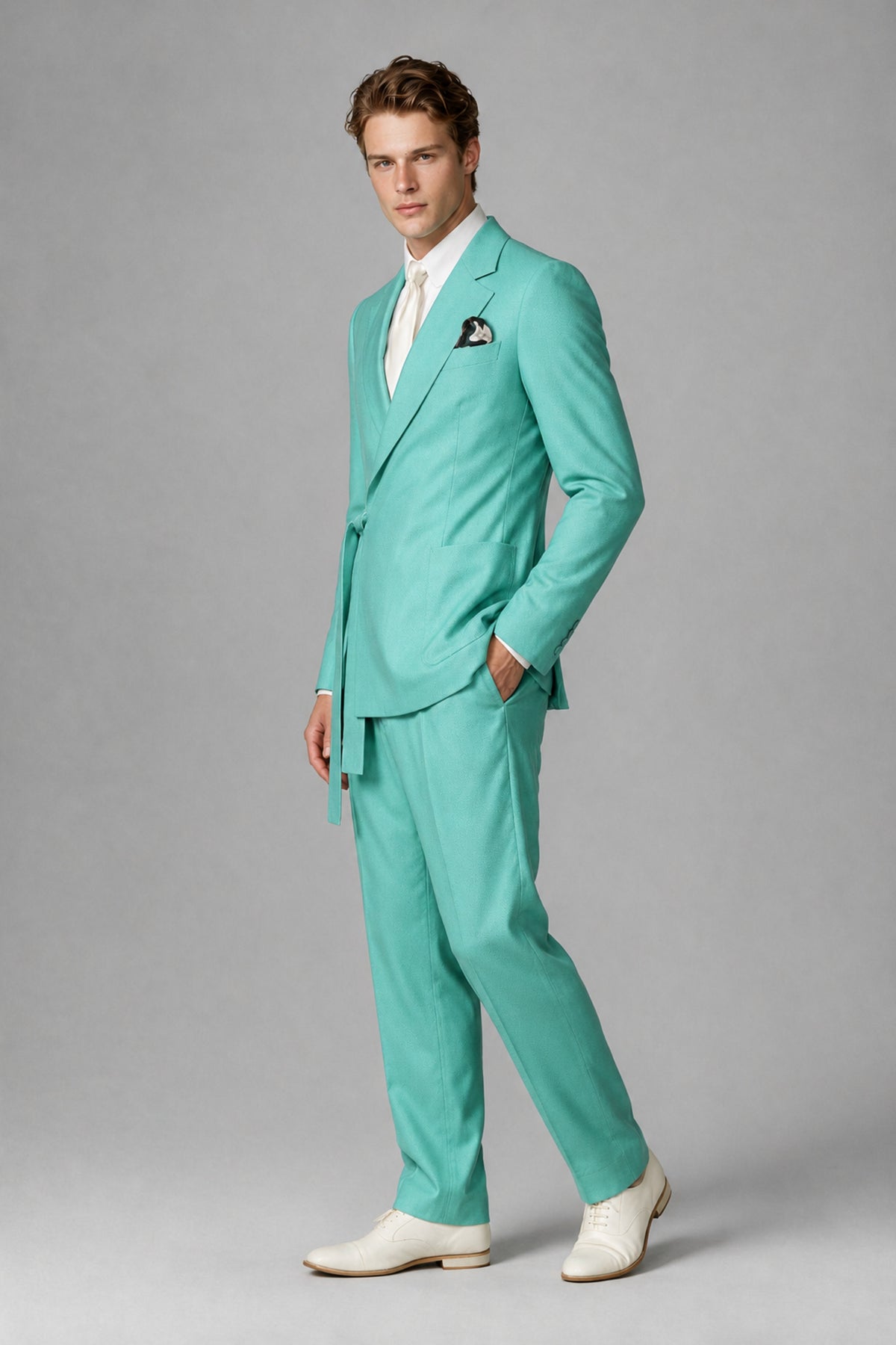 Bolodoo Men's Turquoise Wrap Tie-Waist Two-Piece Suit – Jacket & Trousers - Turquoise - Turquoise_4