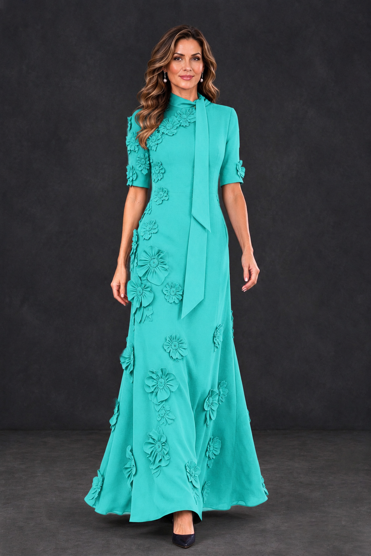 BOLODOO Turquoise Floral Applique High-Neck Half-Sleeve Gown - Turquoise - Turquoise_4