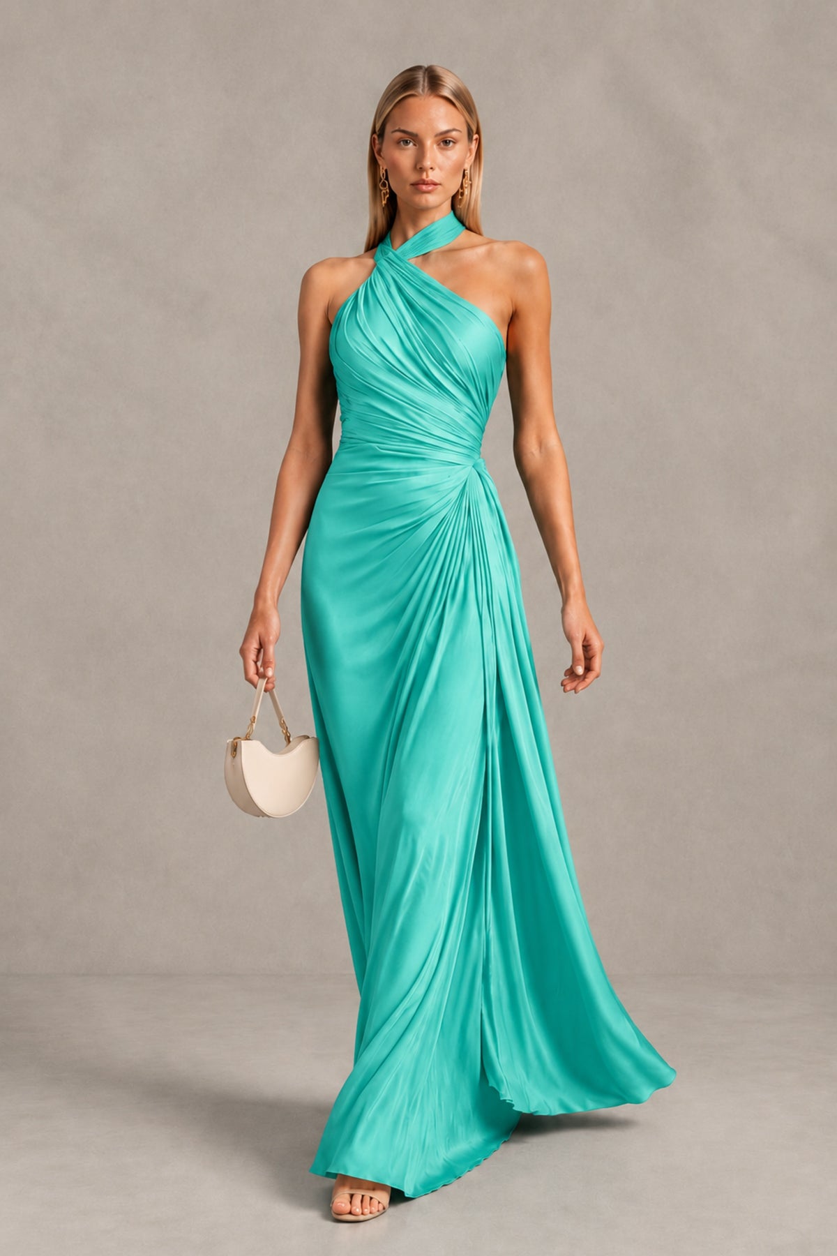 BOLODOO Turquoise Twisted Halter Neck Ruched Sleeveless Open Back Floor-Length Gown - Turquoise - Turquoise_4