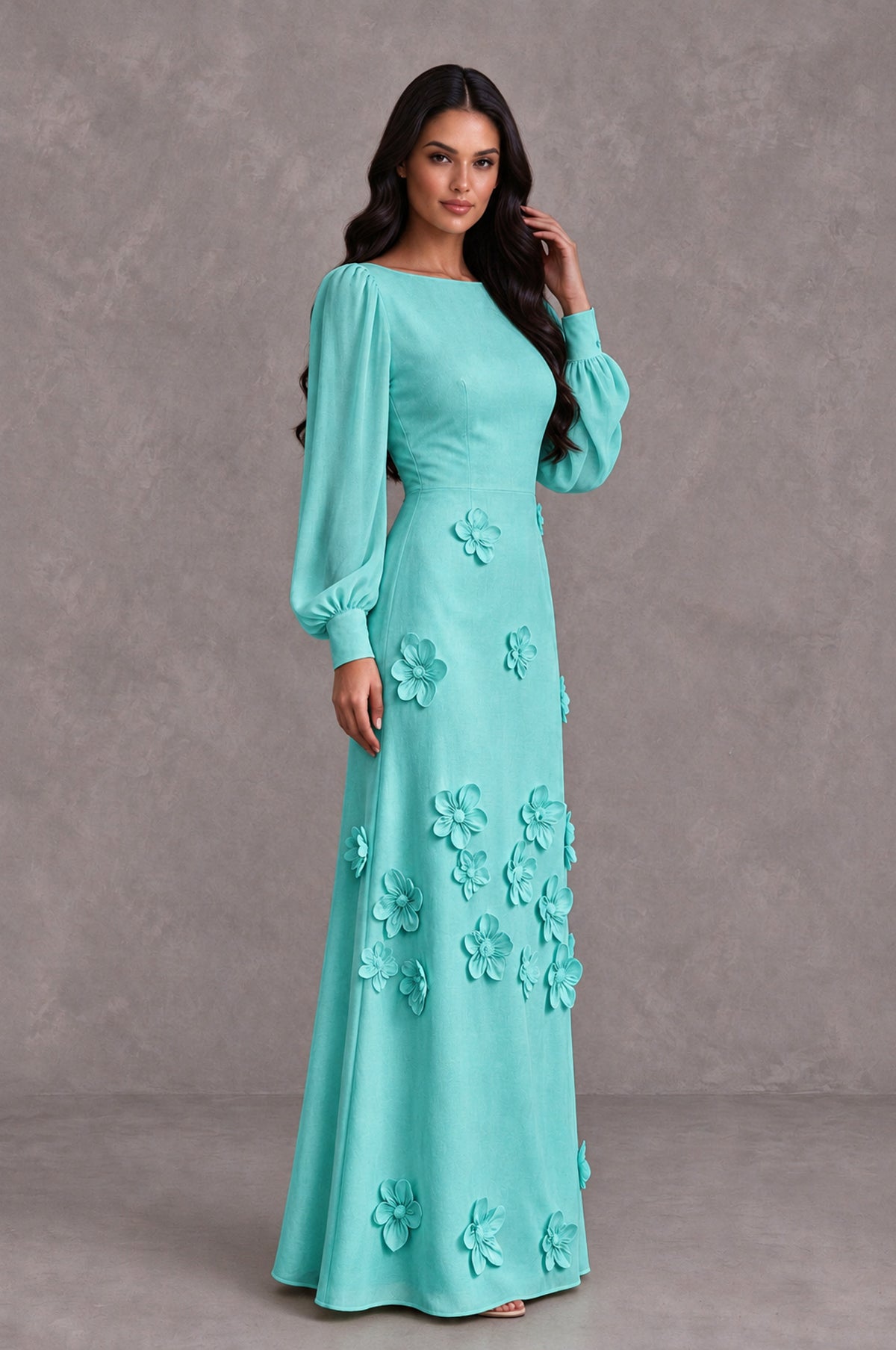 BOLODOO Turquoise Long Sleeve Floral Applique A-Line Evening Dress - Turquoise - Turquoise_4