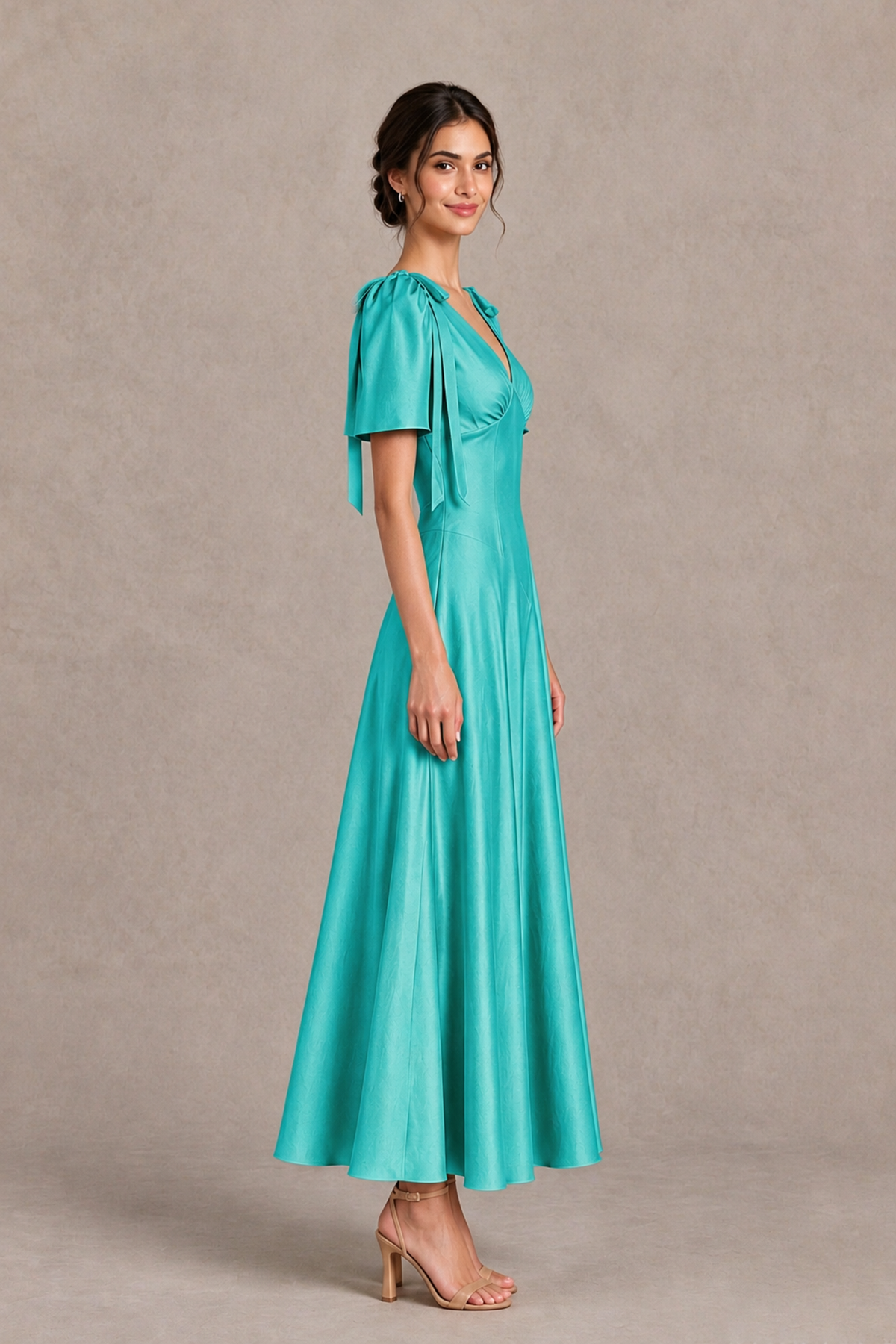 BOLODOO Turquoise V-Neck Short Sleeve Satin-Look Bridesmaid Dress with Shoulder Bows - Turquoise - Turquoise_4