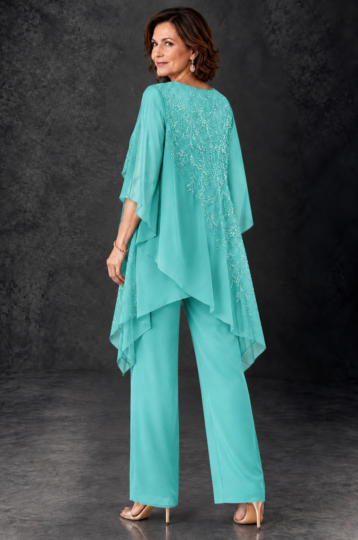 BOLODOO Turquoise Embellished Cape Pant Suit for Mother of the Bride - Turquoise - Turquoise_4