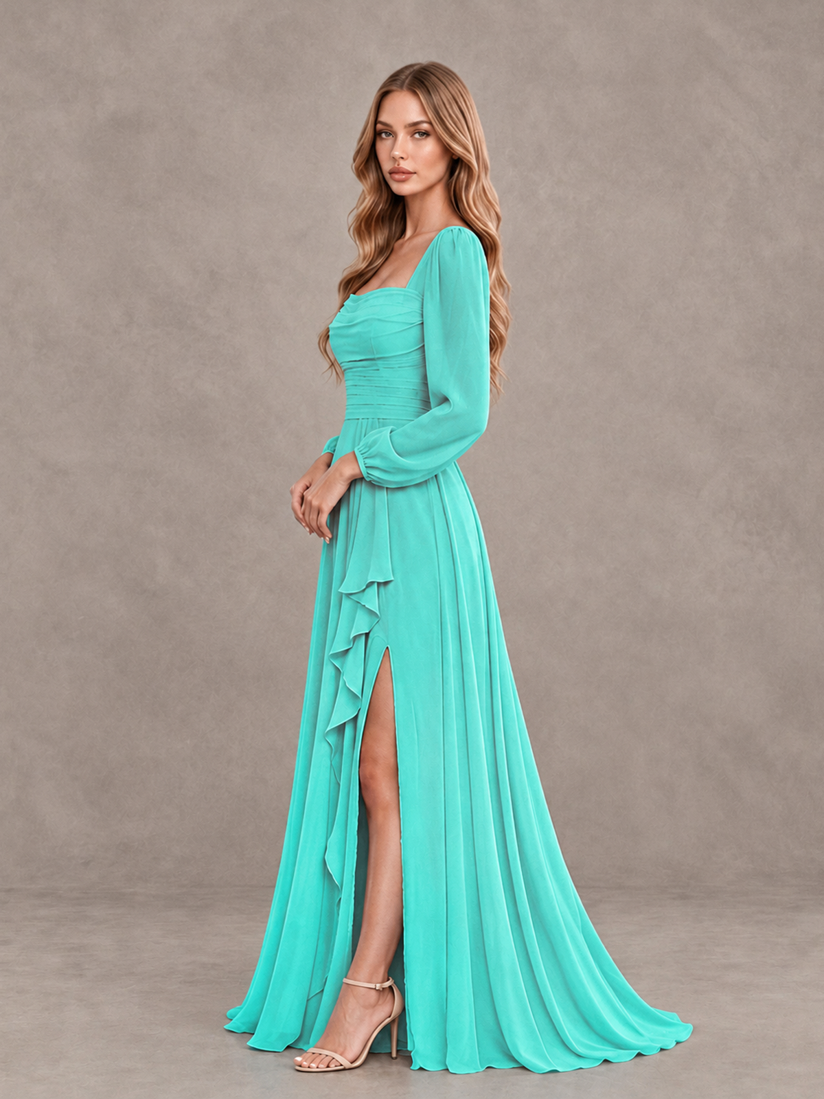 BOLODOO Turquoise Square Neck Long Sleeve Bridesmaid Dress with Ruffle Slit - Turquoise - Turquoise_4