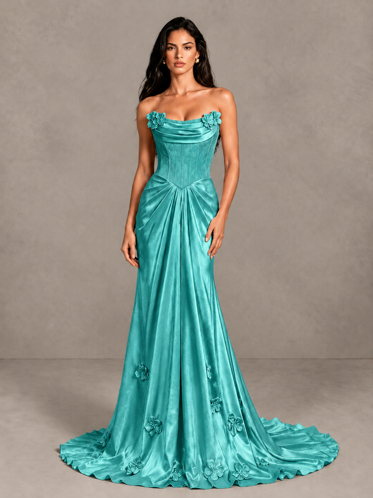 BOLODOO Turquoise Strapless Floral Corset Evening Gown with Train - Turquoise - Turquoise_4