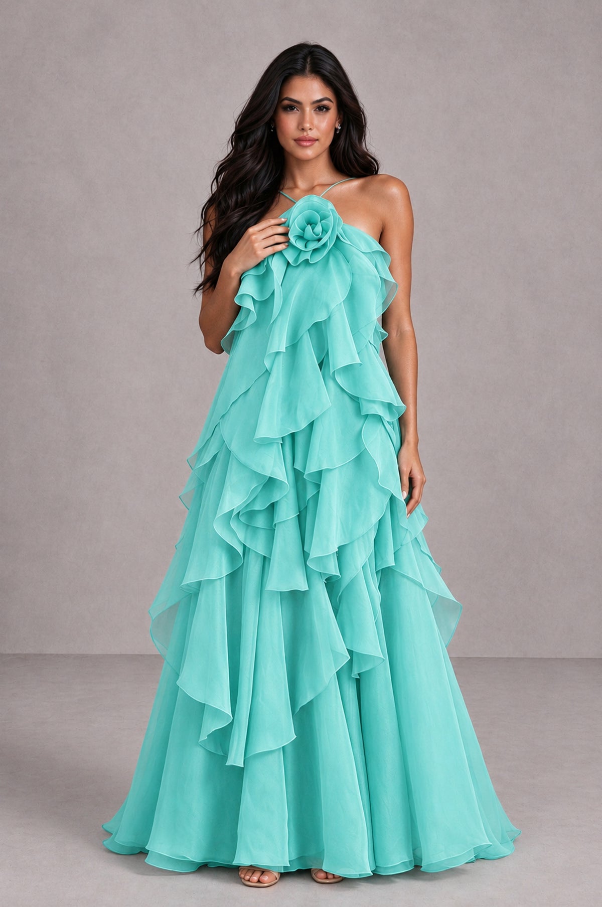 BOLODOO Turquoise Cascading Ruffle Rosette Open-Back Maxi Dress - Turquoise - Turquoise_4