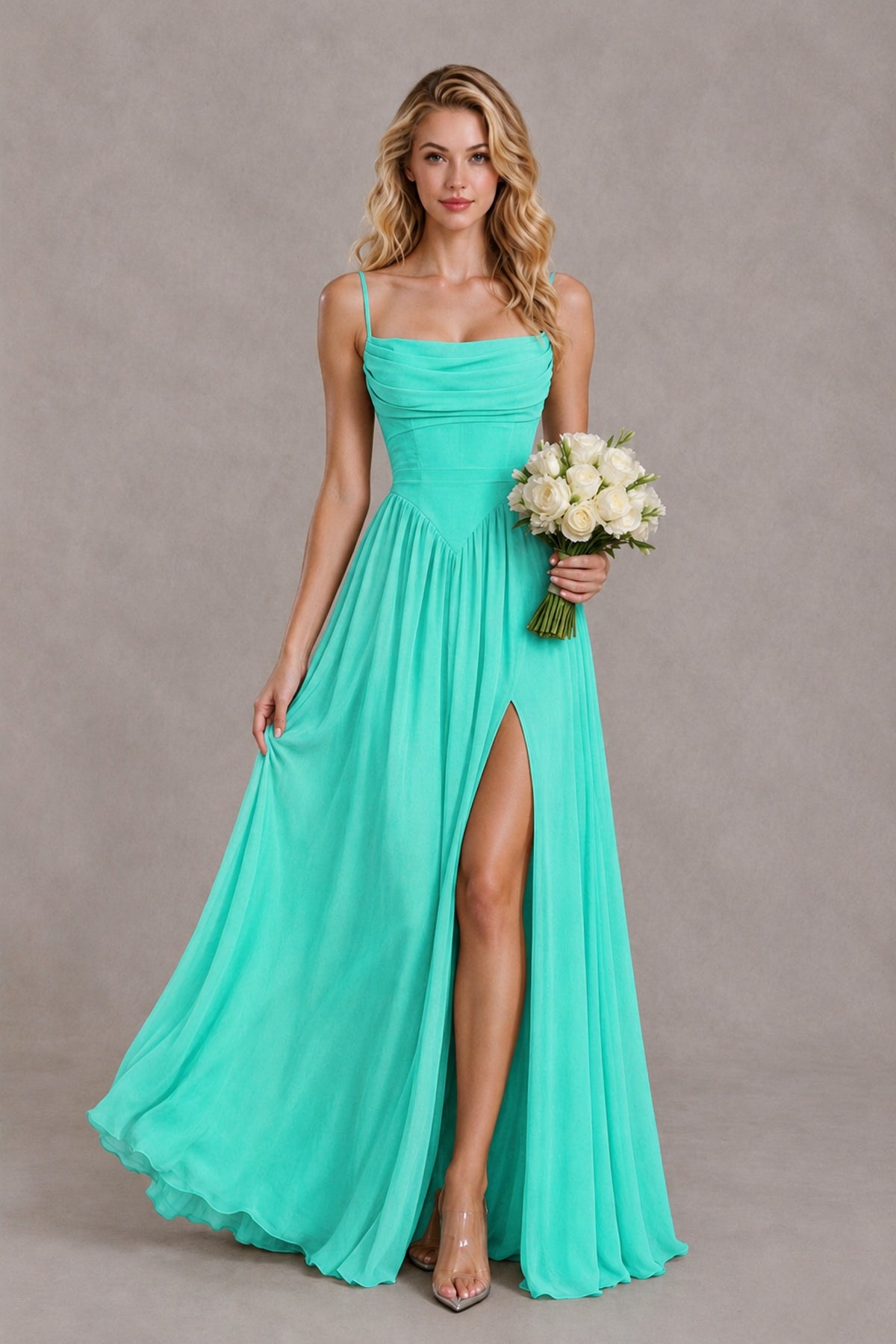 BOLODOO Turquoise Spaghetti Strap A-Line Bridesmaid Dress with Slit - Turquoise - Turquoise_4