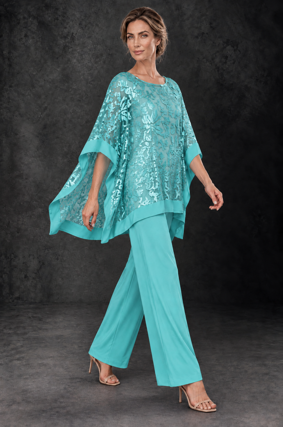BOLODOO Turquoise Floral Cape Mother of the Bride Pant Suit - Turquoise - Turquoise_4