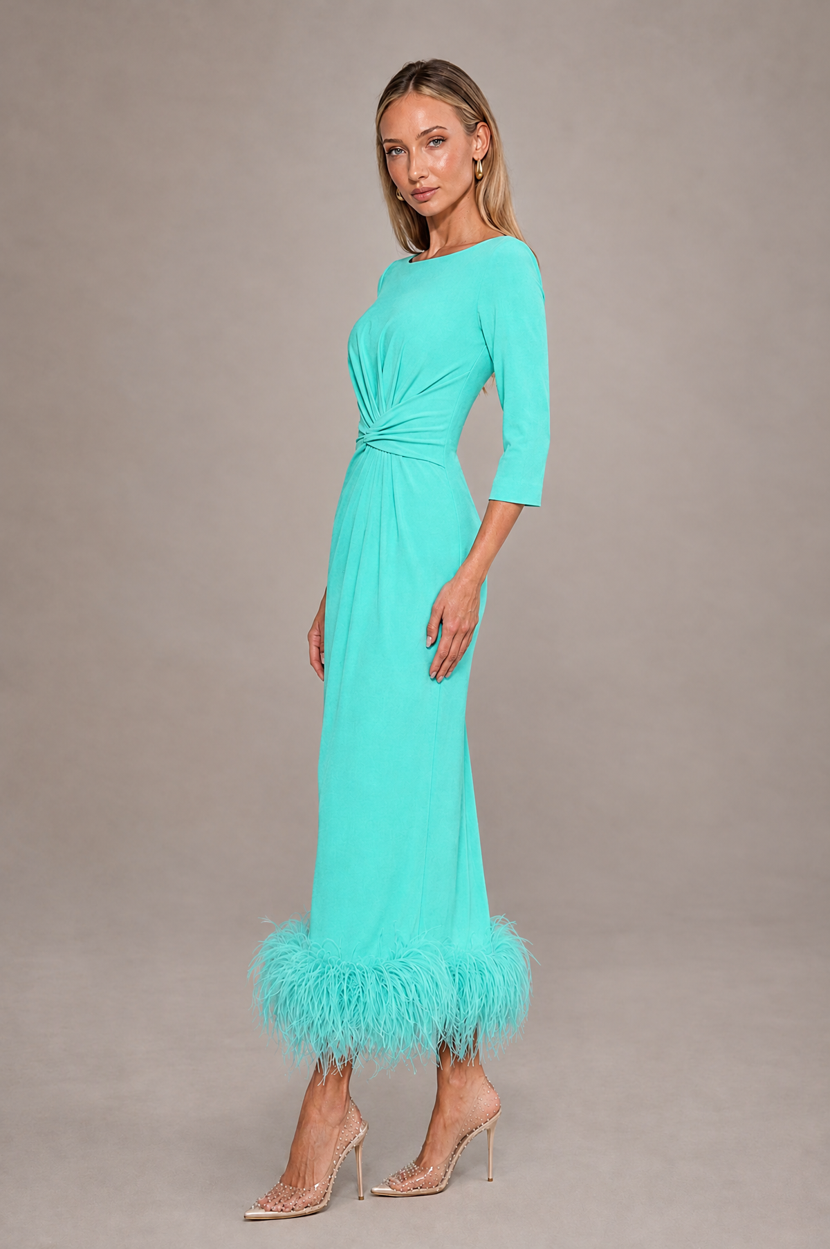 BOLODOO Turquoise Feather-Trim Twist-Waist Midi Dress - Turquoise - Turquoise_4