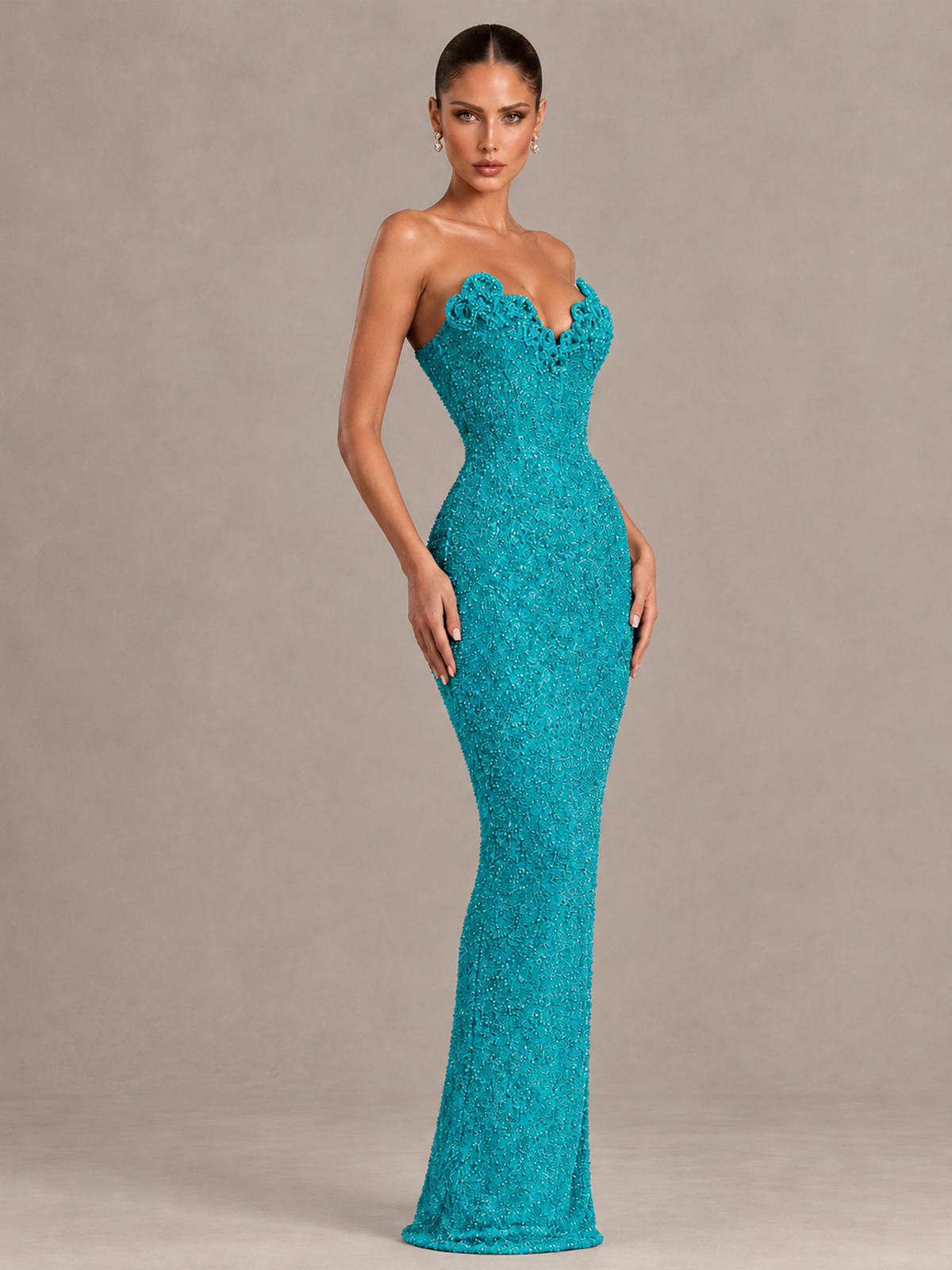 BOLODOO Turquoise Strapless Sequin Evening Gown with Floral Neckline - Turquoise - Turquoise_4