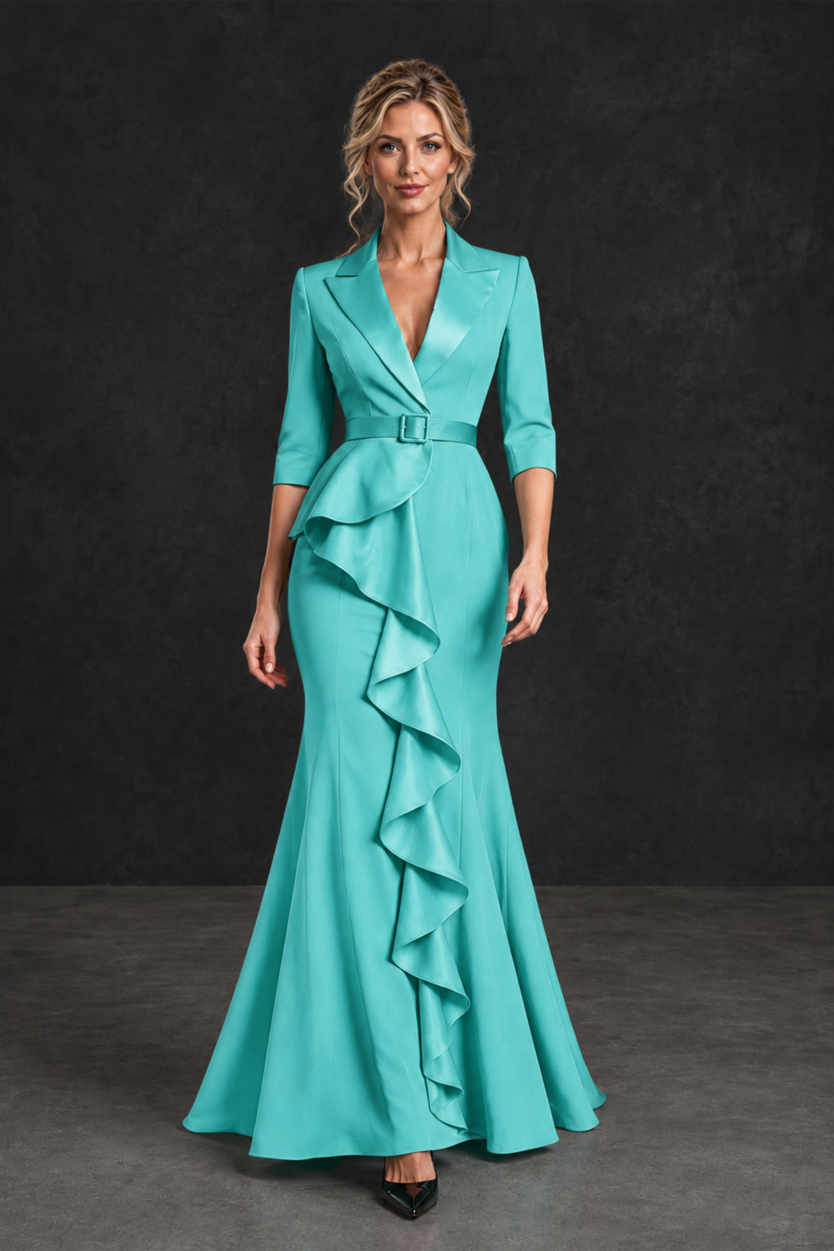 BOLODOO Turquoise Lapel Ruffle Mother of the Bride Dress with Belt - Turquoise - Turquoise_4