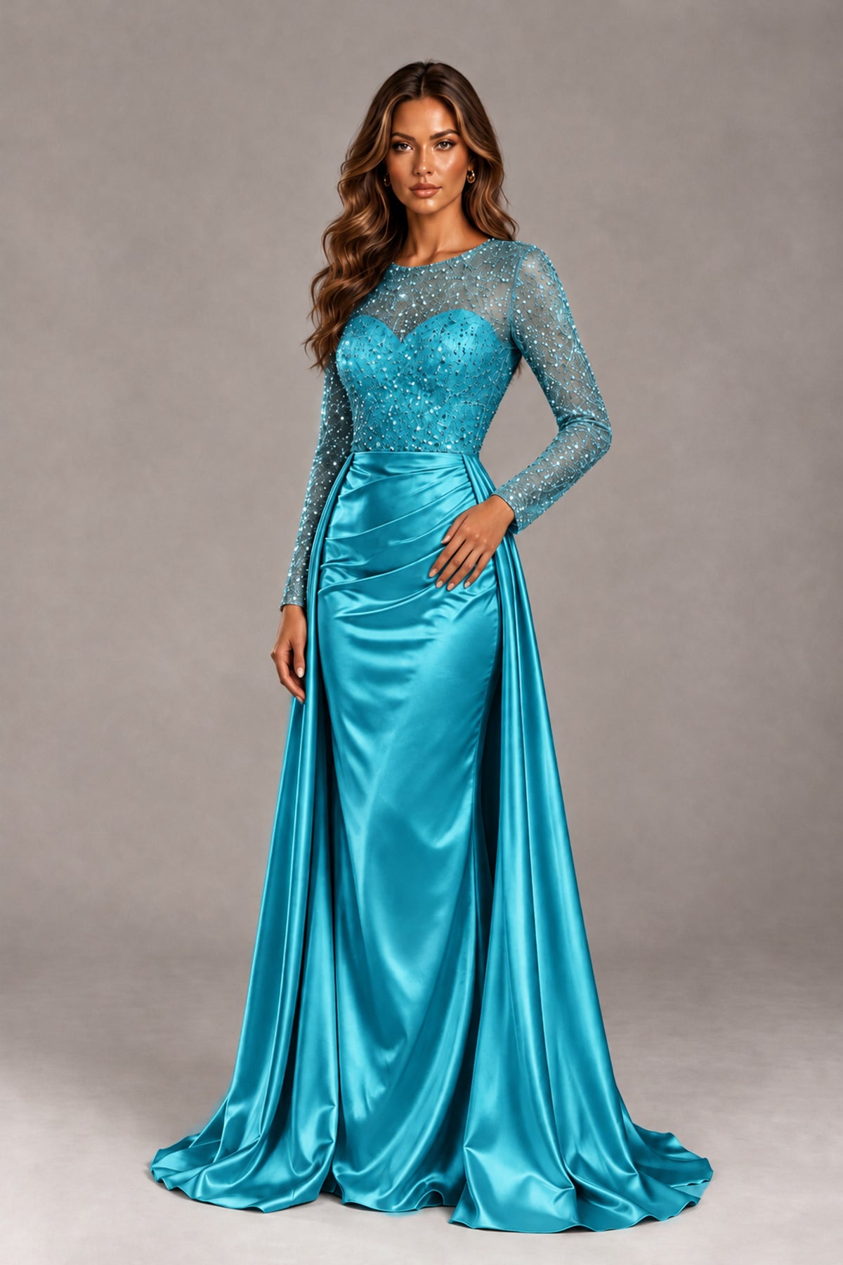 BOLODOO Turquoise Long Sleeve Embellished Satin Evening Gown with Sweep Train - Turquoise - Turquoise_4