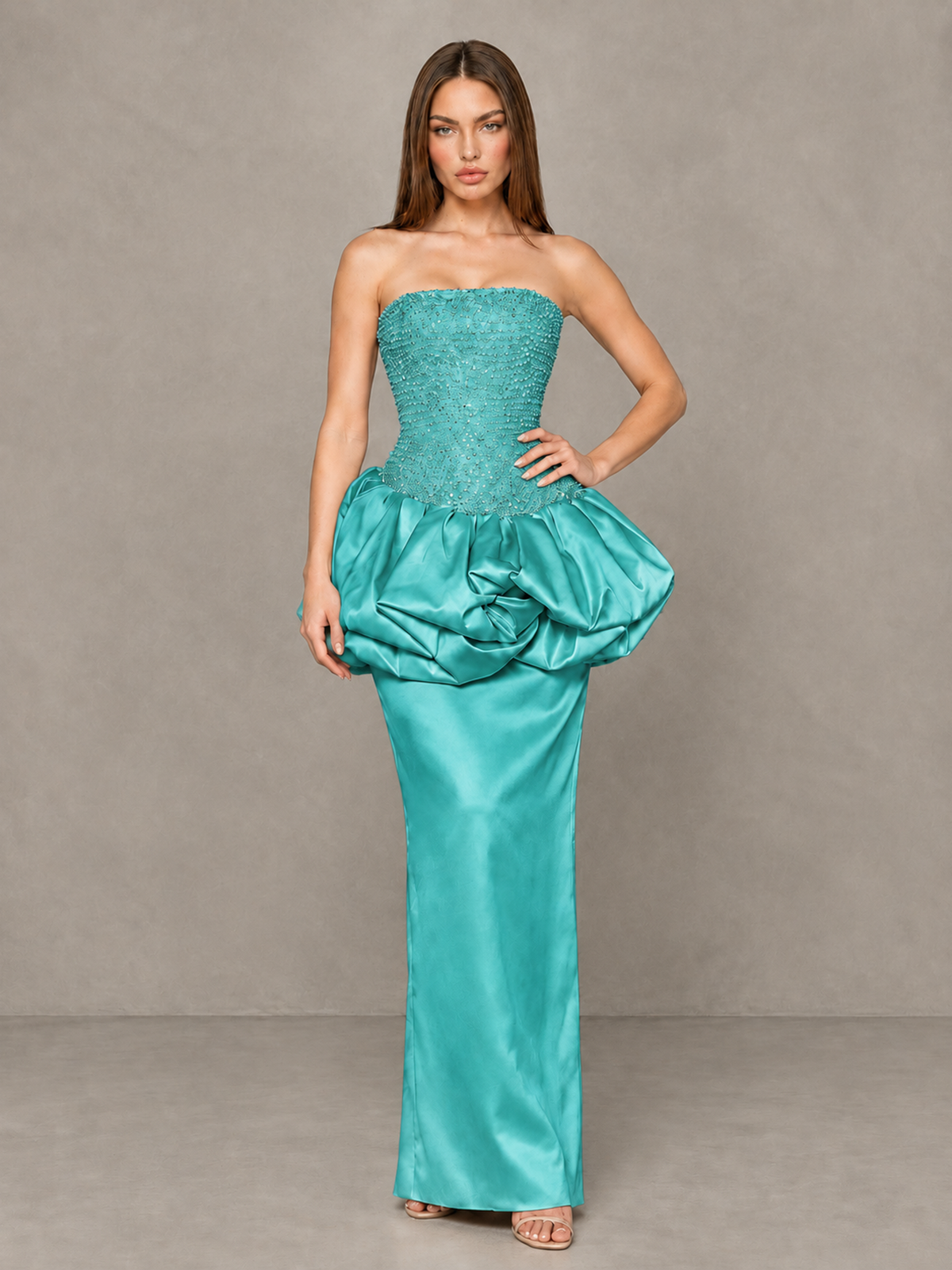 BOLODOO Turquoise Strapless Embellished Bubble Peplum Evening Dress - Turquoise - Turquoise_4