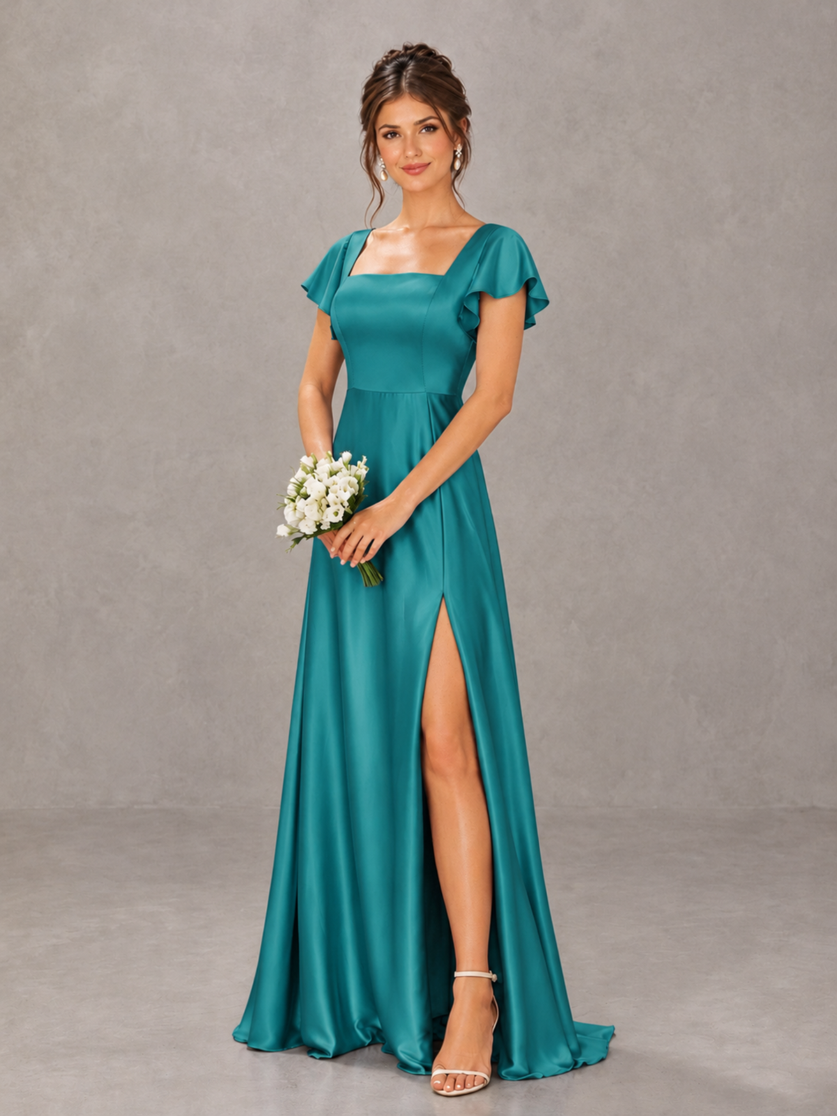 BOLODOO Turquoise Satin Square Neck Flutter Sleeve A-Line Bridesmaid Dress with Slit - Turquoise - Turquoise_4