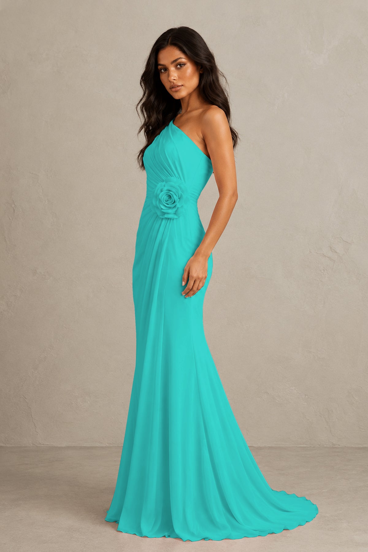 BOLODOO Turquoise One-Shoulder Floral Ruched Maxi Dress - Turquoise
