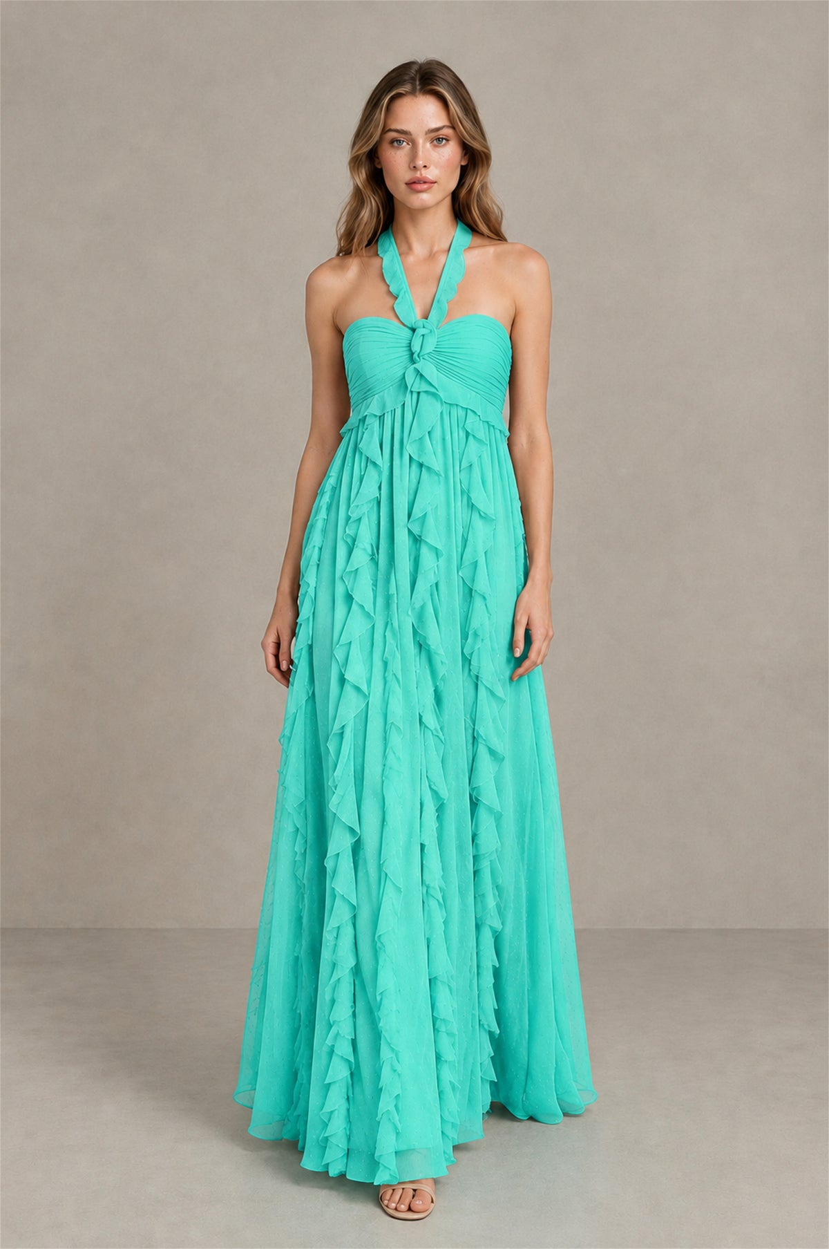 BOLODOO Turquoise Halter Ruffle A-Line Floor-Length Evening Dress - Turquoise - Turquoise_4