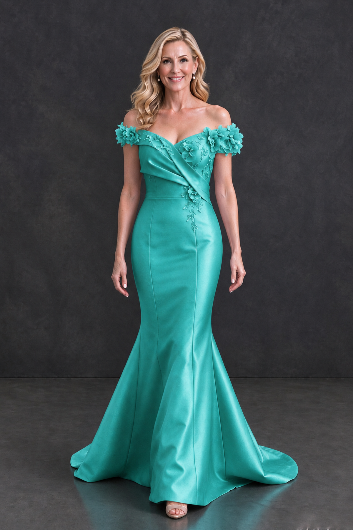 BOLODOO Turquoise Off-Shoulder Floral Mermaid Mother of the Bride Dress - Turquoise - Turquoise_4