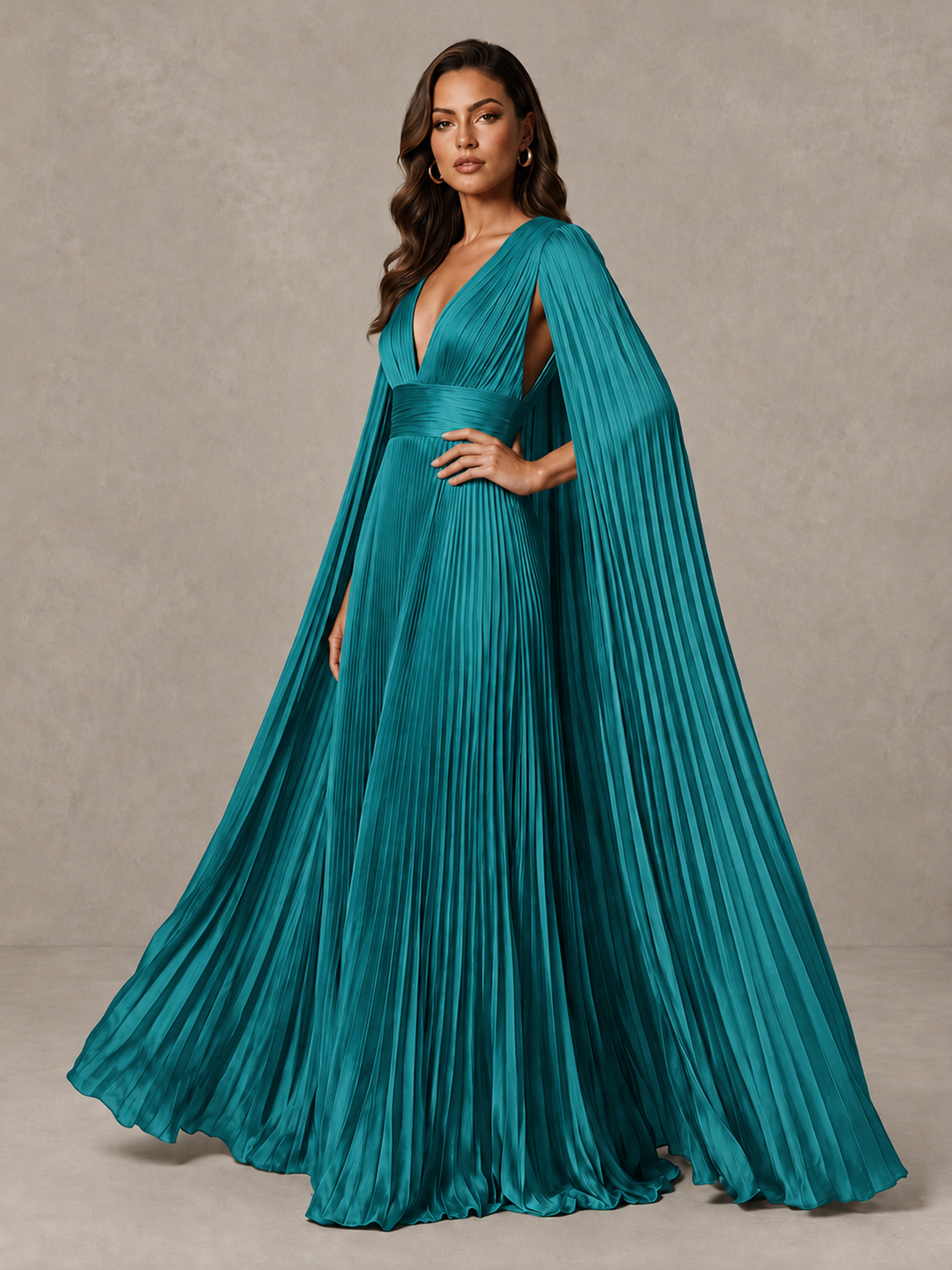 BOLODOO Turquoise Deep V-Neck Pleated Cape Sleeve Evening Gown - Turquoise - Turquoise_4