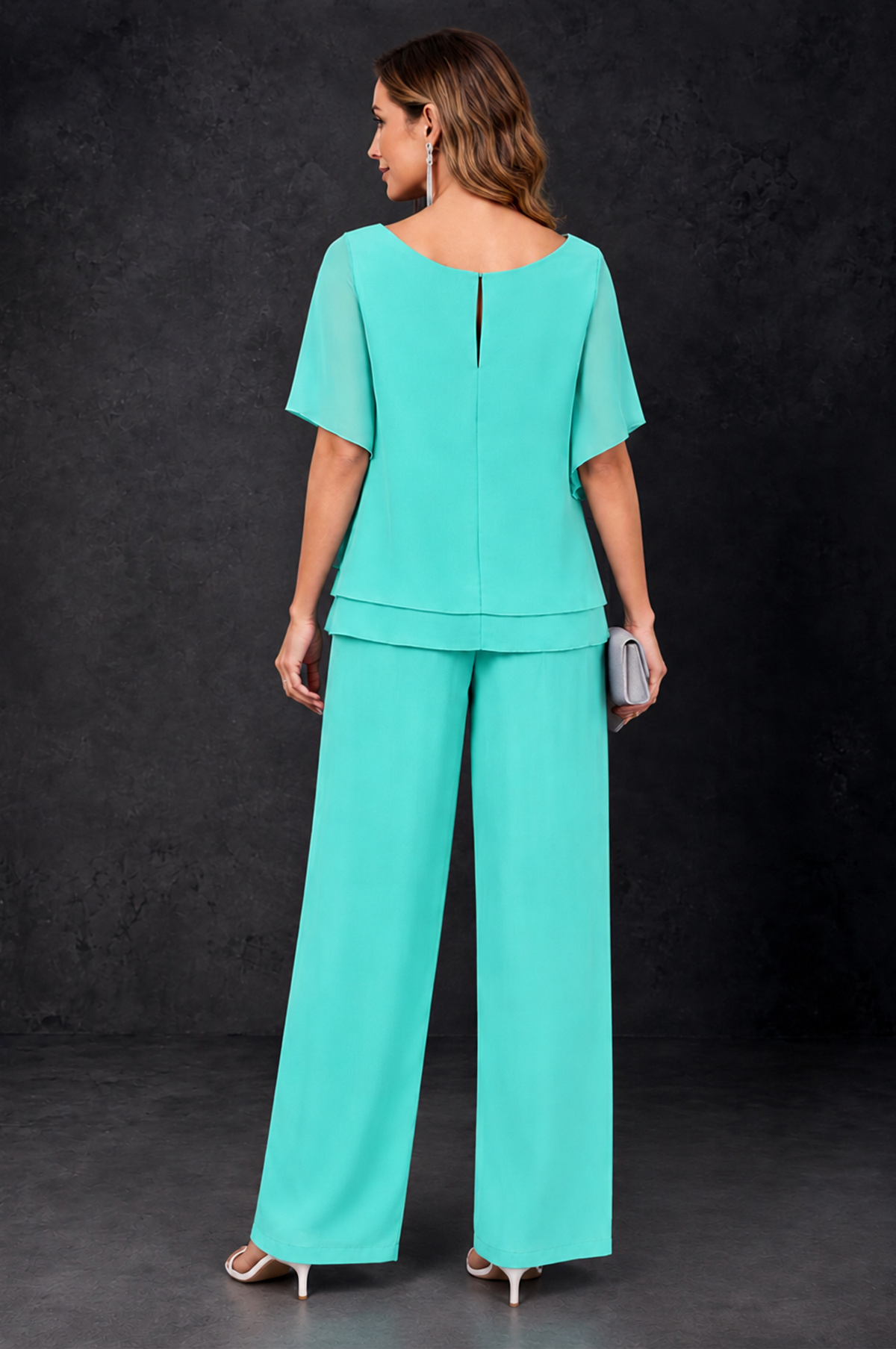 BOLODOO Turquoise Layered Chiffon-Look Mother of the Bride Pantsuit - Turquoise - Turquoise_4