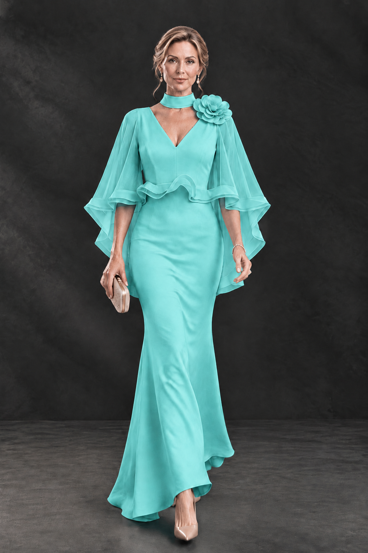 BOLODOO Turquoise Floral Cape Sleeve Mother of the Bride Dress - Turquoise - Turquoise_4