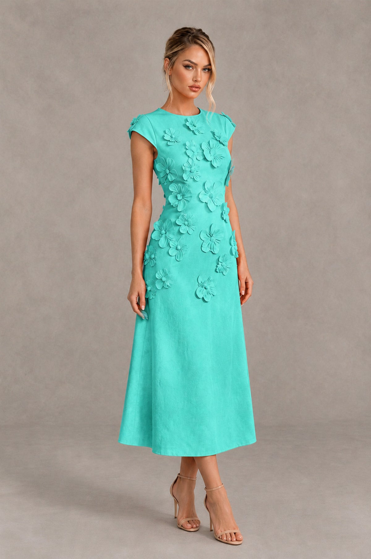 BOLODOO Turquoise 3D Floral Cap Sleeve Midi Cocktail Dress - Turquoise - Turquoise_4