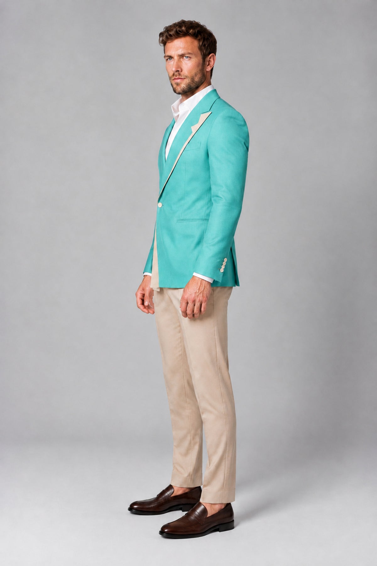 BOLODOO Men's Turquoise Double-Breasted Blazer & Khaki Trousers Tuxedo 2-Piece Suit Set - Turquoise - Turquoise_4