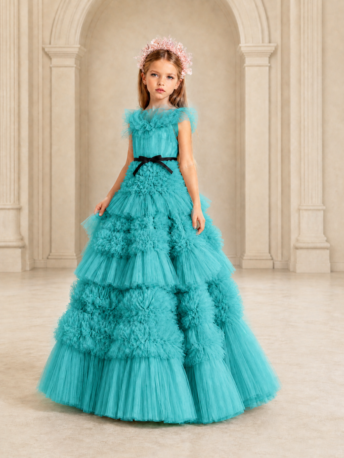 BOLODOO Turquoise Tiered Tulle Flower Girl Dress with Floral Appliques - Turquoise - Turquoise_4