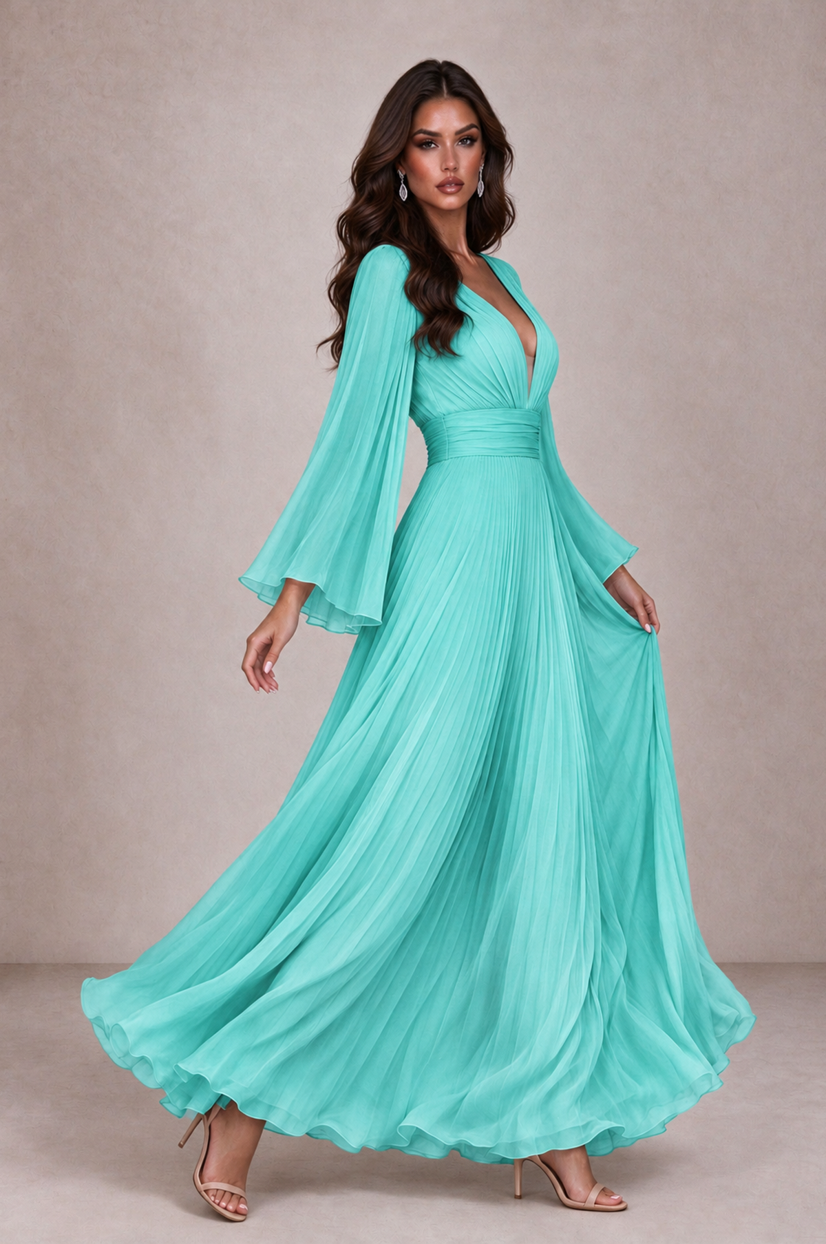 BOLODOO Turquoise Pleated Deep V-Neck Long Bell Sleeve Evening Dress - Turquoise - Turquoise_4