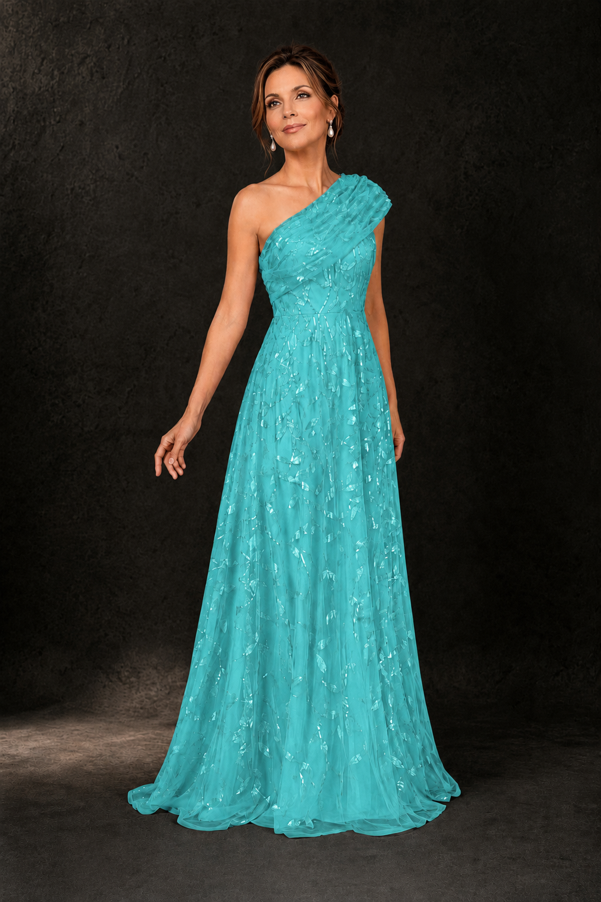 BOLODOO Turquoise Leaf Sequin One-Shoulder A-Line Maxi Gown – Mother of the Bride & Formal Evening Dress - Turquoise - Turquoise_4