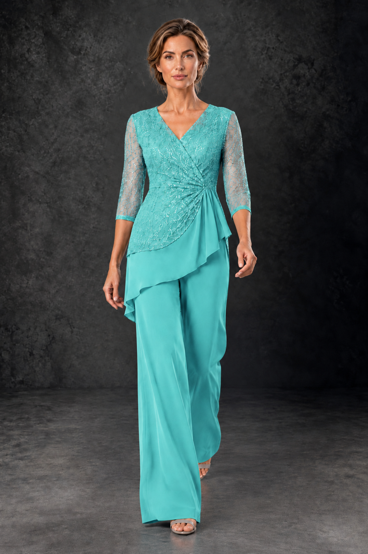 BOLODOO Turquoise Sequin Lace 3/4 Sleeve Chiffon Mother of the Bride Pant Suit - Turquoise - Turquoise_4