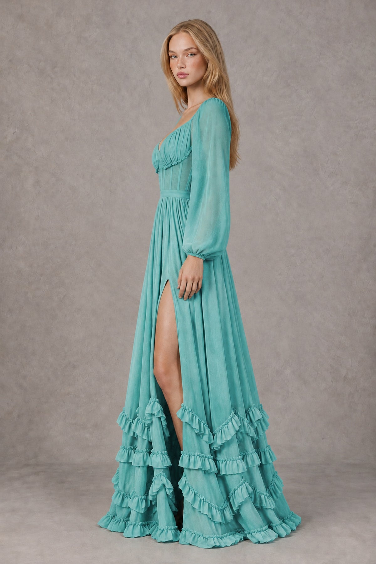Turquoise Long-Sleeve Ruffle Maxi Dress with Lace-Up Back and Slit - Turquoise