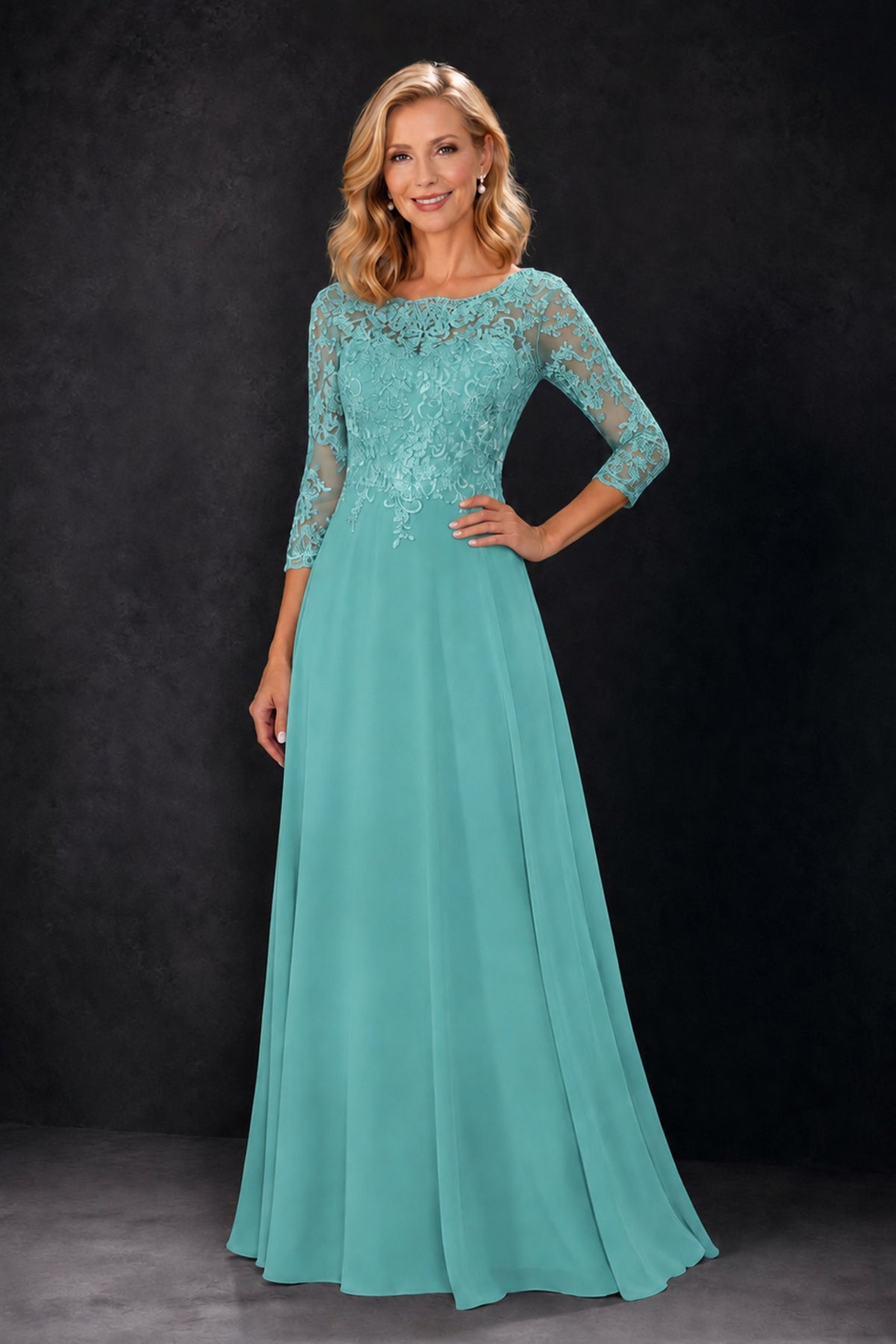 BOLODOO Turquoise Lace Embroidered Mother of the Bride Dress with 3/4 Sleeves - Turquoise