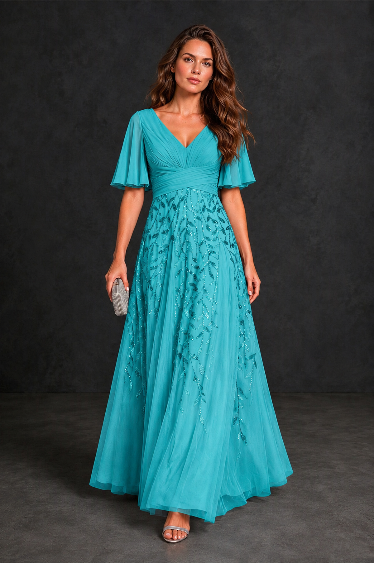 BOLODOO Turquoise V-Neck Flutter Sleeve Beaded Botanical Tulle A-Line Gown | Mother of the Bride Evening Dress - Turquoise - Turquoise_4